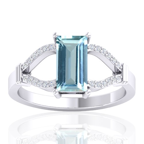 14K White Gold 1.19 cts Aquamarine Stone Diamond Wedding Fine Jewelry Ring