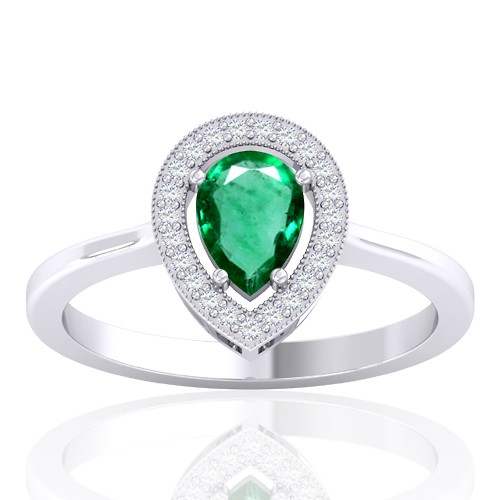 14K White Gold 0.61 cts Emerald Gemstone Diamond Women Wedding Designer Fine Ring